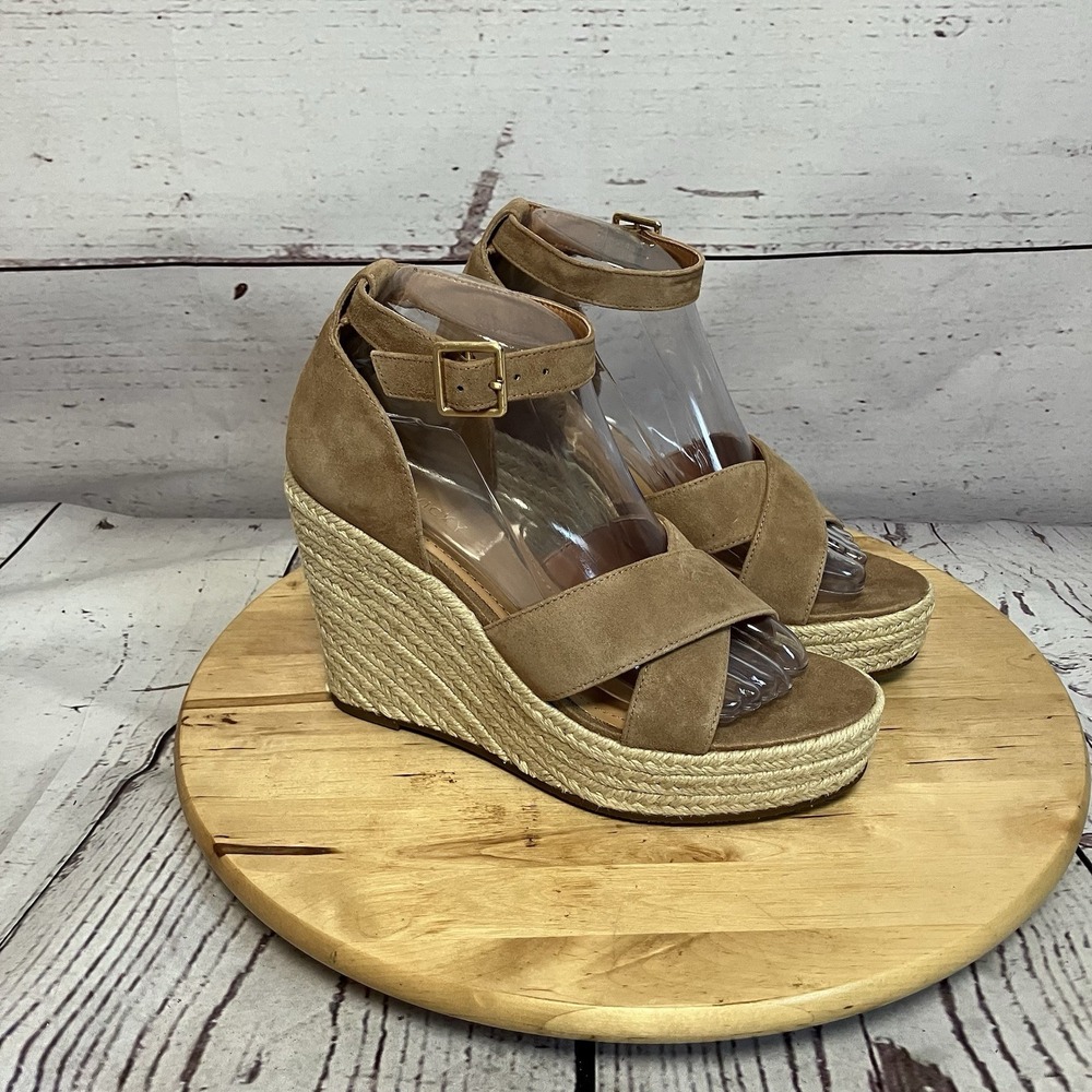 Lisa Vicky Gemi V Cognac Kid Suede Wedge Sandals Womens Size 8.5M Tan